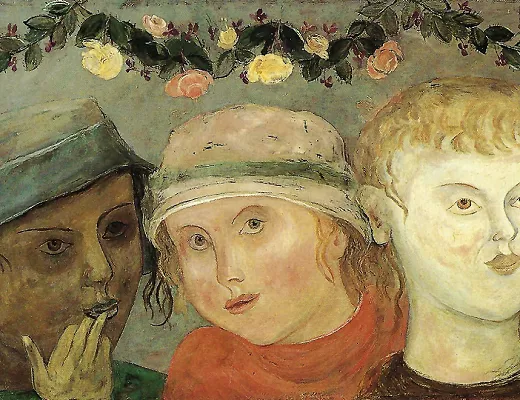 Trois fillettes sous une guirlande de fleurs